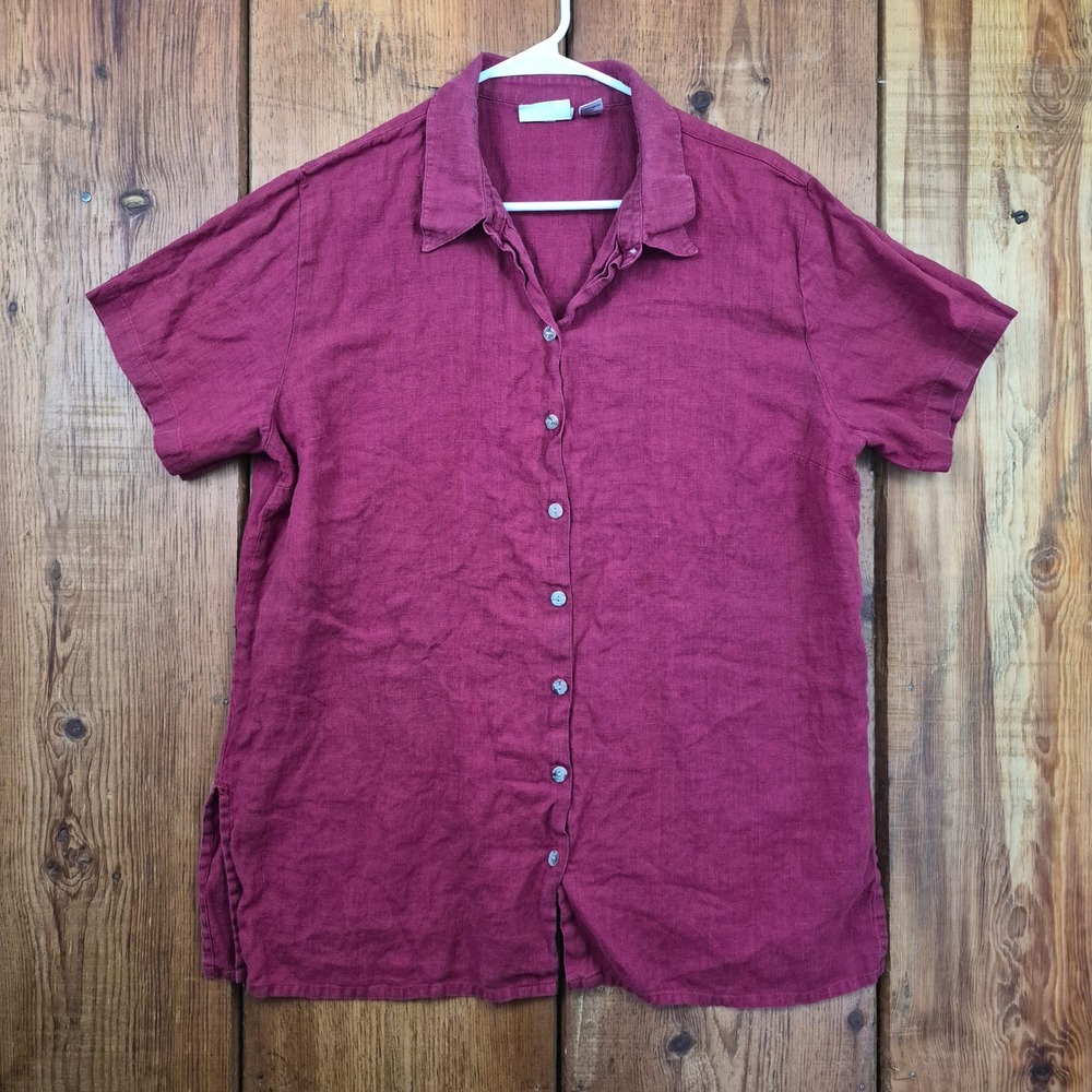 Chicos Design Red 100% Linen Short Sleeve Button Down Shirt Size 2 Large